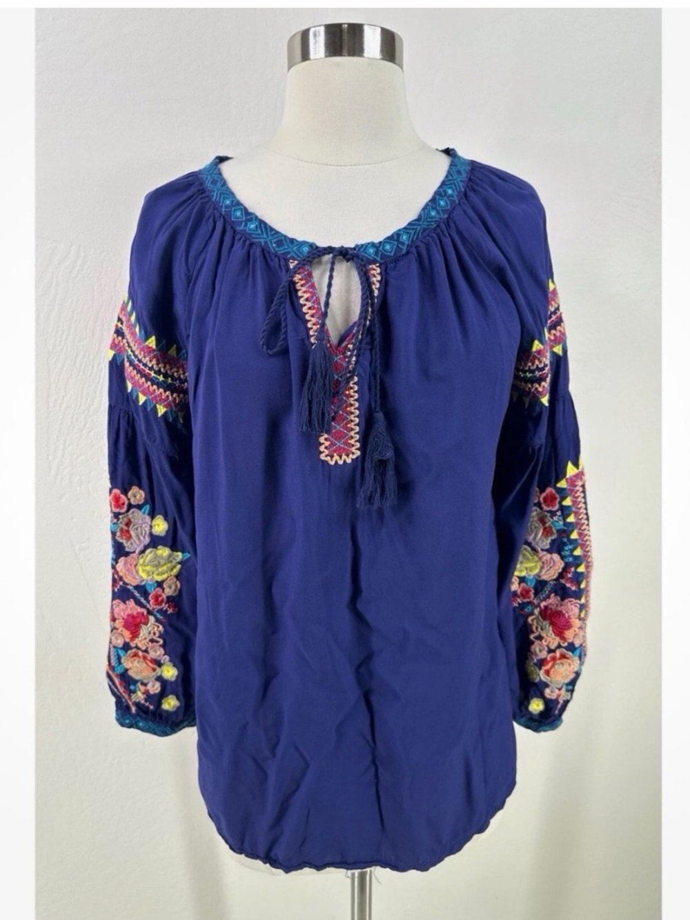Solitaire Embroidered Navy Peasant Blouse with Tassel Tie